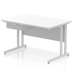 Image of Impulse 1200 x 800mm Scalloped Edge Straight Office Desk White Top Silver Cantilever Leg Workstation 1 Drawer Fixed Pedestal