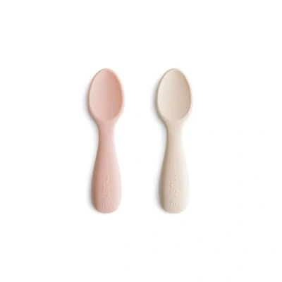 Image of Mushie Baby Starter Spoons BPA Free Silicone Learning 2 Pack Dishwasher Safe Durable Toddler Utensils Blush/Shifting Sand