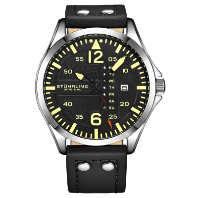Image of Stuhrling Original Mens Analog Sport Aviator Watch, Quick Set Day Date, Casual Leather Strap … (Silver/Black)