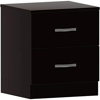Image of Vida Designs Large Black Bedside Cabinet, 2 Drawer With Metal Handles and Runners, Unique Anti Bowing Support, Riano Bedroom Furniture