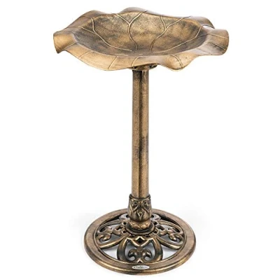 Image of CHRISTOW Plastic Resin Bird Bath for Garden, Leaf Shaped Pedestal Birdbath, Traditional Style, Rustic Metal Effect, Standing Outdoor Water Bowl, 60cm x 43cm (Bronze)