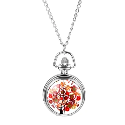 Image of JewelryWe Women Silver Pocket Watch: Stylish Colorful Tree Pattern Quartz Necklace Pendant Watch for Christmas