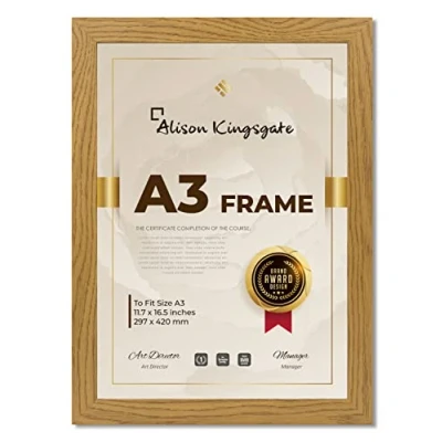 Image of Alison Kingsgate A3 Oak Frame in Size 30x42cm Photo with Clear Perspex Sheet &amp; Wall Mounted Hook Use For Picture Frames Poster (A3, Oak)