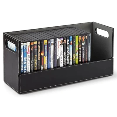Image of Stock Your Home DVD Storage Box, Movie Shelf Organizer for Blu Ray, Video Game Cases, CDs, VHS Tape Display Stand, Disc Holder Can Store Up to 28 DVDs, Faux Leather (Black)