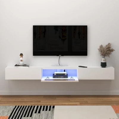 Image of Pmnianhua, 160 cm Wooden Hanging TV Stand with Glass Door and 2 Drawers, Floating Wall Shelf, Modern Style,