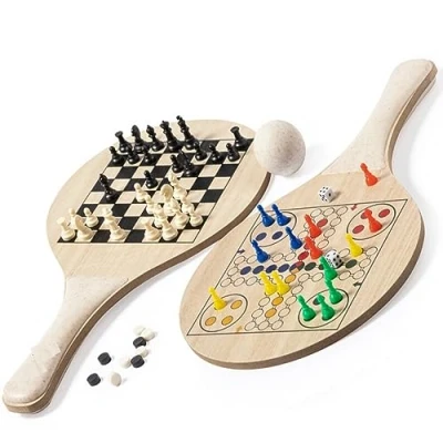Image of Sustainable Beach Tennis Ball Set of 2 Bats with Chess Game and Mill in Cotton Bag Sport Fun Summer