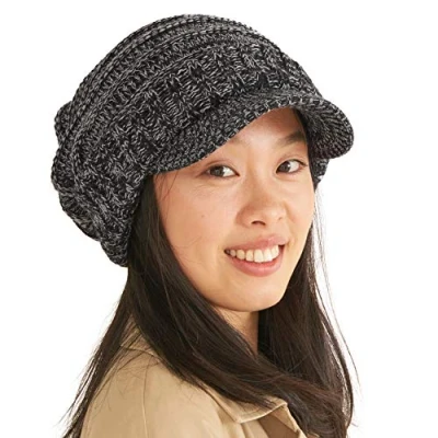 Image of Slouchy Beanie Brim Hat Mens Slouch Cap Womens Warm Cable Knit with Brimmed Visor Mix Black