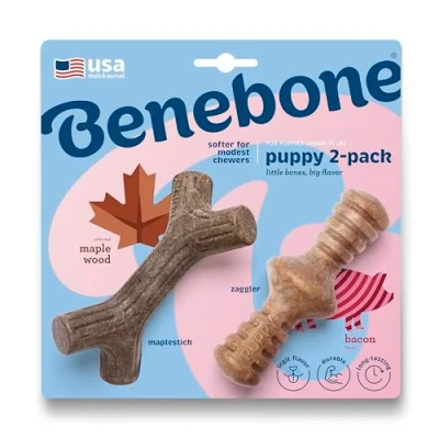 Image of Benebone Puppy Tiny 2 Pack Indestructible Maplestick/Zaggler For Aggressive Chewers, Long Lasting Teething Boredom Breaker Puppies, Real Bacon/Maple Wood Flavour, XS Dogs, Made in the USA