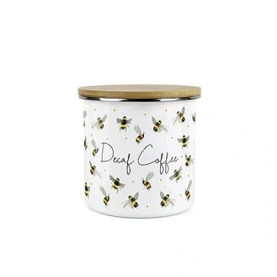 Image of Purely Home Scattered Bees Decaf Coffee Canister White Metal Enamel Kitchen Medium Sized Food Storage Container