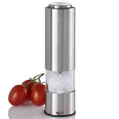 Image of AdHoc EP02 PEPMATIK Electric Salt or Pepper Mill Stainless Steel/Acrylic CeraCut Ceramic Grinder, LED Light (H)190mm x (D)50mm Silver Includes 1 Mill, Batteries Included