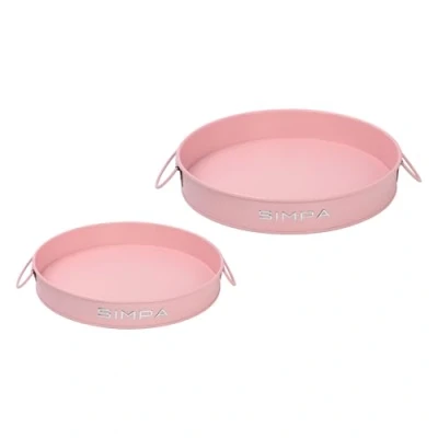 Image of simpa Round 2PC Metal Colour Serving Trays Set with Handles, 30cm &amp; 25cm Diameter Matt Pink