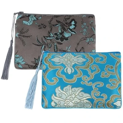 Image of kilofly Chinese Silk Brocade Padded Tassel Zipper Jewelry Pouch Bag, Set of 2