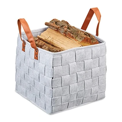Image of Relaxdays Felt Basket Woven Foldable Storage with Handles 29 x 31 cm Light Grey