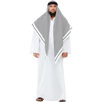 Image of Smiffys Deluxe Fake Sheikh Costume, White with Robe &amp; Headdress, Around The World Fancy Dress, Adult Dress Up Costumes