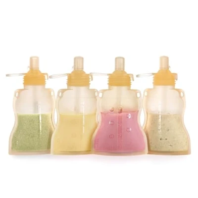 Image of Haakaa Reusable Baby Food Pouches Refillable Squeeze Silicone Pouch, Soft Storage Pouch for Kids Toddler,Home Made Puree,Smoothie Bag, 4oz, 4 Pack,Yellow