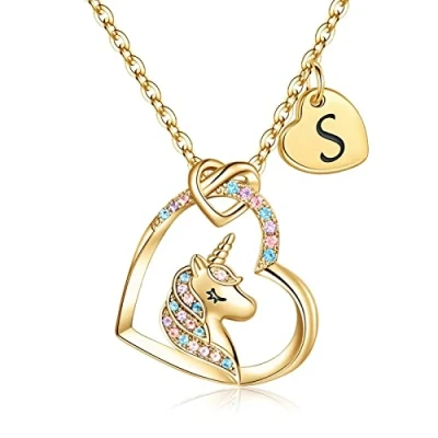 Image of TINGN 7 Year Old Girl Gifts, 14k Gold Plated Colorful Heart Necklace for Girls CZ Unicorn Pendant Letter I Initial Women Birthday Christmas Gifts
