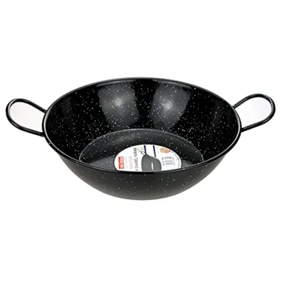 Image of Enamel Kadai Wok Pan 30cm Non Stick Karahi Kadhai with Handles Flat Bottom Deep Frying Cooking Serving Dish Heavy Duty Indian Samosa Paella (30cm)