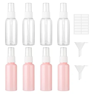 Image of 8 Pcs Travel Perfume Spray Bottles, 50ml Empty Plastic Fine Mist Atomiser Bottle Small Refillable Cosmetic Containers with 2 Funnels and Label for Liquids（4 Pink + 4 White）