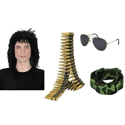 Image of Mega_JumbleSale® Men&#039;s Army Military RAMBO T.V Film Movie Stag Fancy Dress Costume 4 Piece Set for Soldier General Hero War Time Up