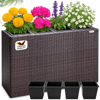 Image of CASARIA® Flower Box Large Tall Rattan Pot Planter 4 Removable Inner Plant Pots With Water Drain Poly Mesh Trough Planters Outdoor Garden 95x27x60cm Brown