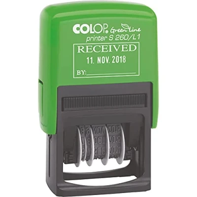 Image of COLOP S260/L1 Green Line RECEIVED Date Stamp 105639 Eco Friendly Text Dater Self Inking 45x54mm Blue &amp; Red Ink