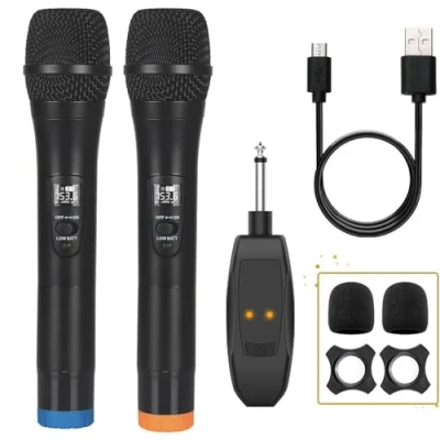 Image of ALPOWL Wireless Microphone, UHF Dual Cordless Dynamic Mic System,Handheld Karaoke Microphone with Rechargeable Receiver(Auto Connect,160 ft Range) for Singing, Church, Speech, Wedding, Party