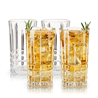 Image of Viski 10626 Highland Highball Glasses Square Cut Lead Free Crystal Tumblers, Set of 4, Holds 12 oz