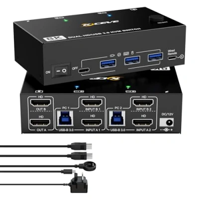 Image of YOUTINGHDAV HDMI KVM Switch 2 Monitors Computers 8K@60Hz, USB 3.0 Dual Monitor 4K@120Hz, 2.1 for computer Share Mouse Keyboard, with Cable and Wired Remote