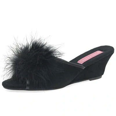 Image of DUNLOP Ladies Famous Boa Jewelled Wedge Heel Mule Slippers UK Size 3,4,5,6,7,8, (8 UK, Black)