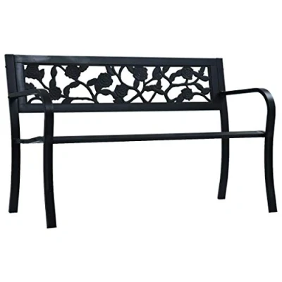 Image of vidaXL Black Steel Garden Bench with Vintage Style and Rose Patterned Plastic Backrest Weather Resistant Outdoor Seating (125 x 53 77 cm)