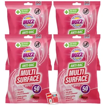 Image of 200pk Buzz Antibacterial Wipes, Rhubarb Scented Cleaning Wipes Surface Kills 99.9% of Bacteria Anti Bac Kitchen + Screen Cleaner