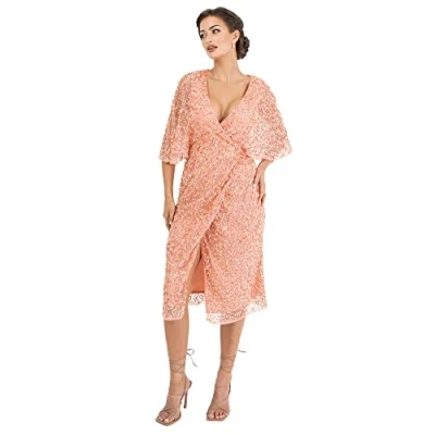 Image of Maya Deluxe Women&#039;s Midi Ladies Sequin Embellished Cape Sleeve Wrap Dress for Wedding Guest Bridesmaid Cocktail Prom Evening, Apricot Blush, 22