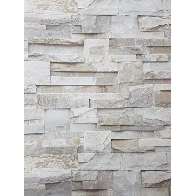 Image of 3D Slate Stone Brick Effect Wallpaper Grey Beige Realistic Textured Vintage