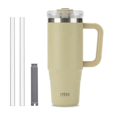 Image of Tumbler with Straw and Lid, 30oz Insulated Travel Cup Straw, Double Wall Stainless Steel Iced Coffee Cup, Leak Proof Mug, Large Handle (Light Khaki)
