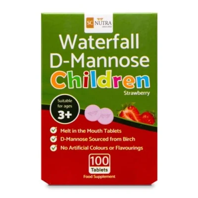 Image of Waterfall D Mannose for Children Birch &amp; Natural Strawberry Juice Powder Boys Girls 3 Years + 250mg Tablets 100 Count