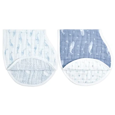 Image of aden + anais Burpy Baby Bib, 100% organic cotton muslin, 4 Layer Multi Use Burping Cloth, Super Soft &amp; Absorbent Burp Rag for Infants, Newborns and Toddlers, 2 Pack, 0 36 Months, oceanic, 57x28cm
