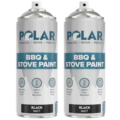 Image of Polar BBQ &amp; Stove Black Spray Paint 2 x 400ml Matt Finish Up to 650C Ideal Heat Resistant for BBQs, Stoves, Ovens, Automotive Engines, Boilers, Firepits More Indoor Outdoor Use