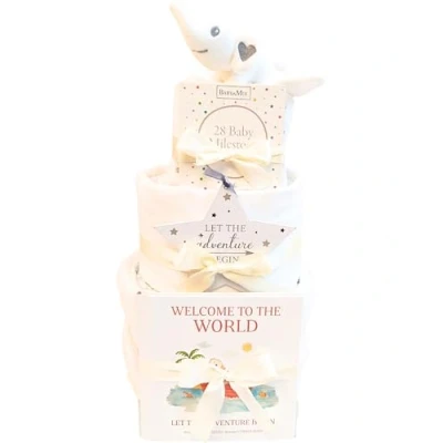 Image of New Born Baby Gift Unisex for and Parents Elephant White Safari Hamper Nappy Cake Set