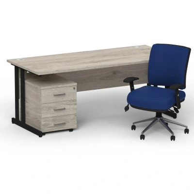 Image of Impulse 1800 Black Cant Desk Grey Oak + 3 Dr Mobile Ped &amp; Chiro Blue