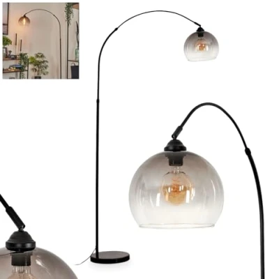 Image of Tapitapa Standing Light, Metal/Glass/Marble in Black/Smoke/Clear, Adjustable arc lamp (Ø 24,5 cm) Marble Base, 1 x E27 max. 60 Watt, Bulb not Included, Foot Switch