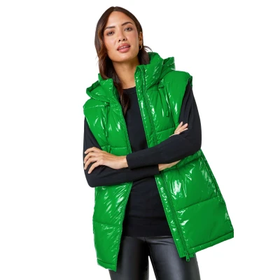 Image of Roman Originals Quilted Gilet with Hood for Women UK Ladies Sleeveless Coat Hooded Jacket Padded Bodywarmer Winter Lightweight Warm Autumn Funnel Neck Longline Soft Bubbly Green Gloss Size 12