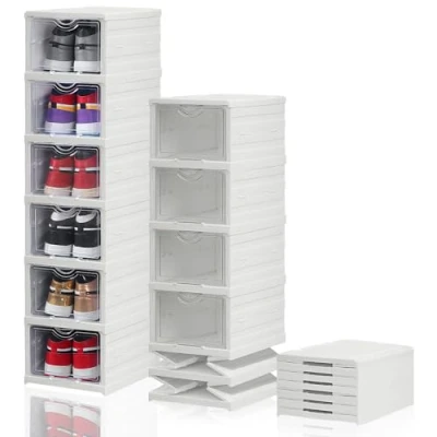 Image of HOTOOLME Shoe Boxes Stackable Foldable Box 6 Pcs Plastic Clear Boxes, Storage Box,Shoe Organiser for Women Men,Fit up to UK Size 11