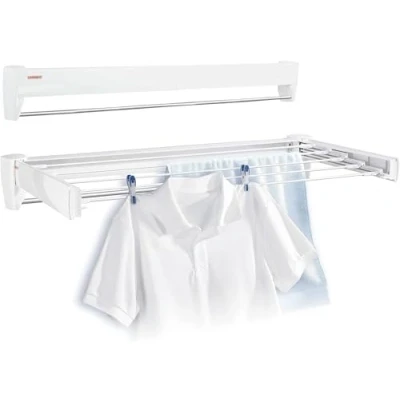 Image of Leifheit Telegant 36 Protect Plus Wall Mounted Towel Rack, Foldaway Clothes Airer for Indoor &amp; Outdoor, Drying Rack or 3.6 m Space, White, 72 x 37 cm