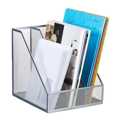 Image of Relaxdays Magazine File, A4, 3 Compartments, Mesh Design, 26 x 24 cm, Office Storage, Metal Document Holder, Silver, Steel