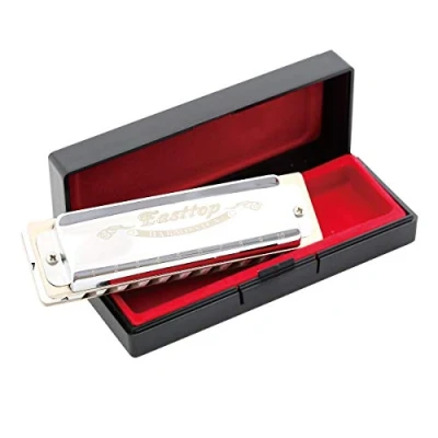 Image of East top Blues Harmonica Key of A, 10 Holes Diatonic Harp Mouth Organ T008, Silver For Adults, Professionals and Students