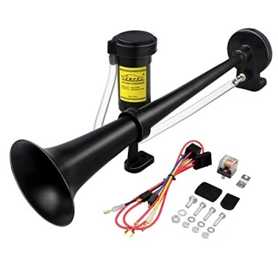 Image of GAMPRO 12V 150db Air Horn, 18 Inches Chrome Zinc Single Trumpet Truck Horn with Compressor for Any Vehicles Lorrys Trains Boats Cars (Black)