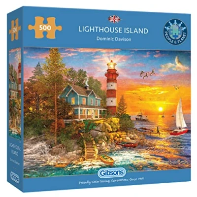 Image of Lighthouse Island 500 Piece Jigsaw Puzzle Coastal Sunset Sustainable for Adults Premium 100% Recycled Board Great Gift Gibsons Games