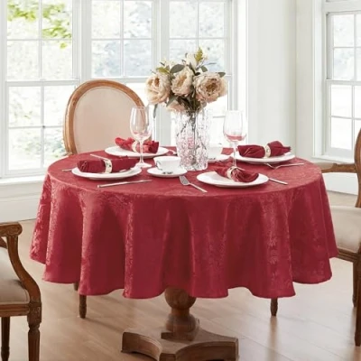 Image of Elrene Damask Tablecloth, Polyester, Red, 70 Inches Round