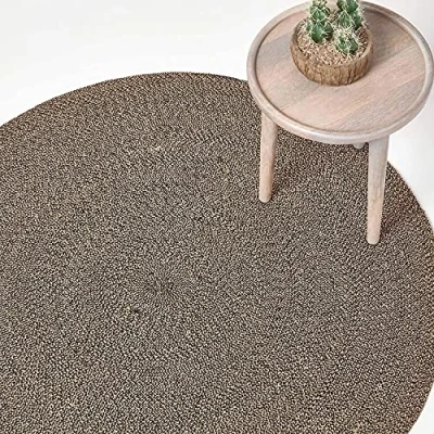 Image of HOMESCAPES Linen and Black Handwoven Braided Melange Rug 150cm Round Pattern Large Cotton