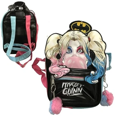 Image of William Lamb Harley Quinn Batman Black Faux Leather Backpack Featuring Eye Catching Face Design